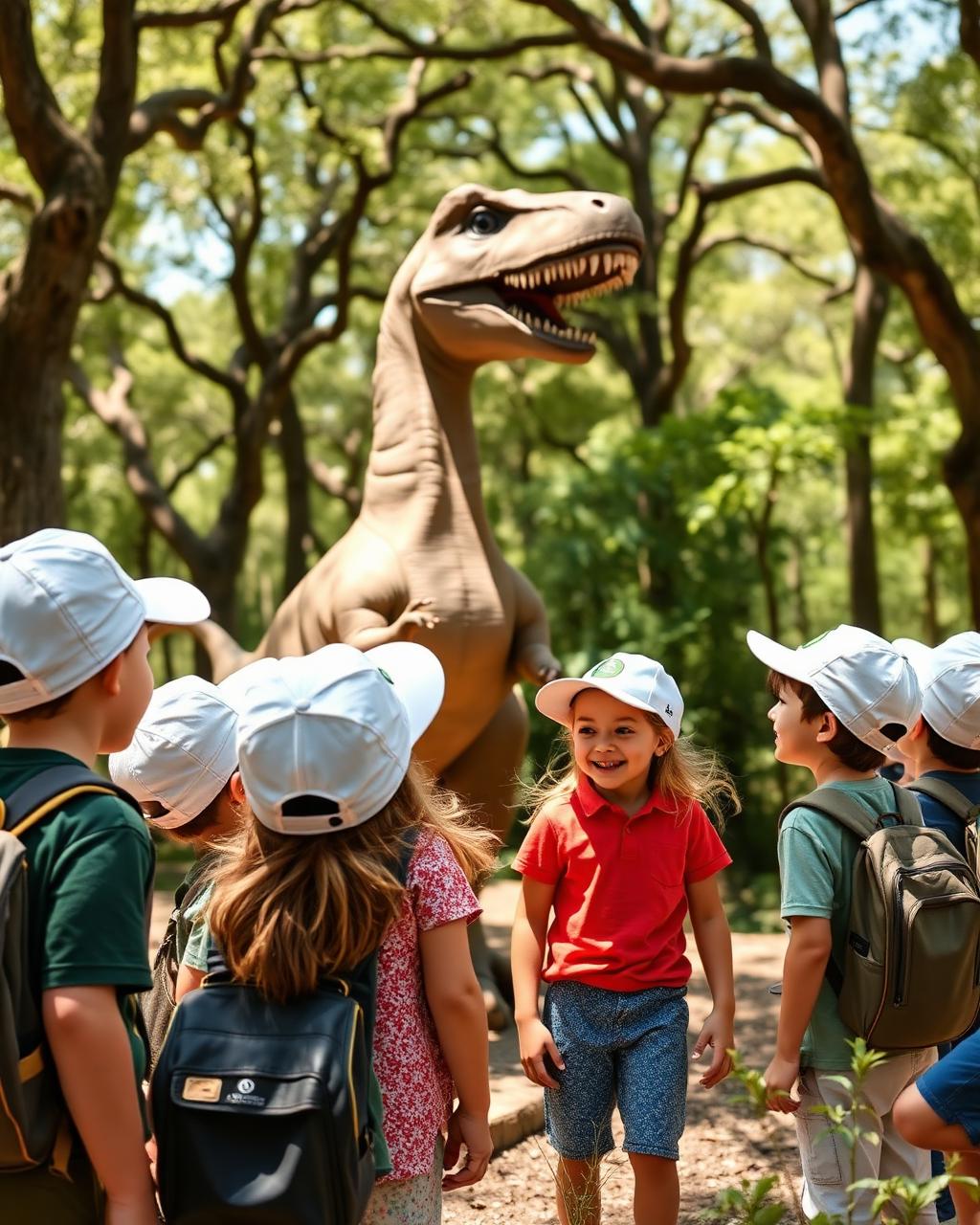 Bambini in gita al Boscosauro davanti a un dinosauro